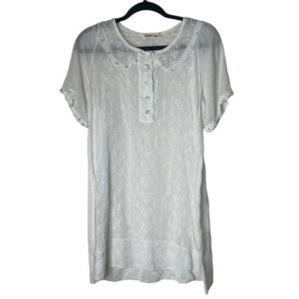 Johnny Was Sheer White Eyelet Button Tunic Top Women's Small Ruffles Silver a13